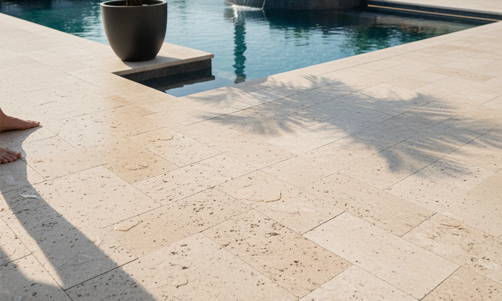 A close-up of a travertine pool deck with towels and a colorful drink on the side, showing the stone surface with water droplets and the pool in the background.