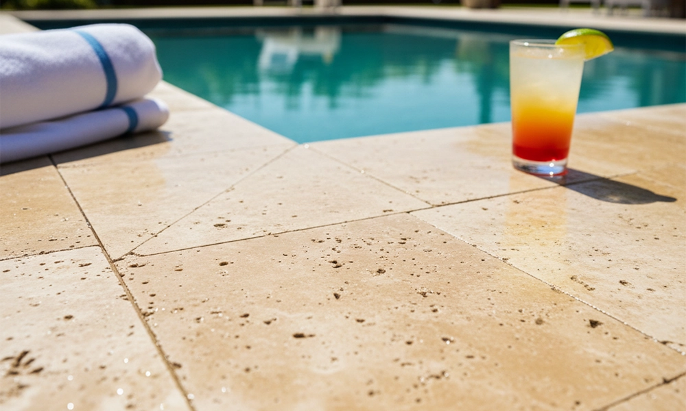 Close-up of a travertine pool deck with water droplets, showcasing the natural texture of the stone and a shadow of a palm tree, with the pool in the background.
