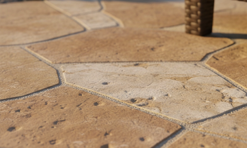 Close-up view of textured natural stone pavers (possibly tumbled sandstone) showing rustic, organic shapes and earthy color variations.