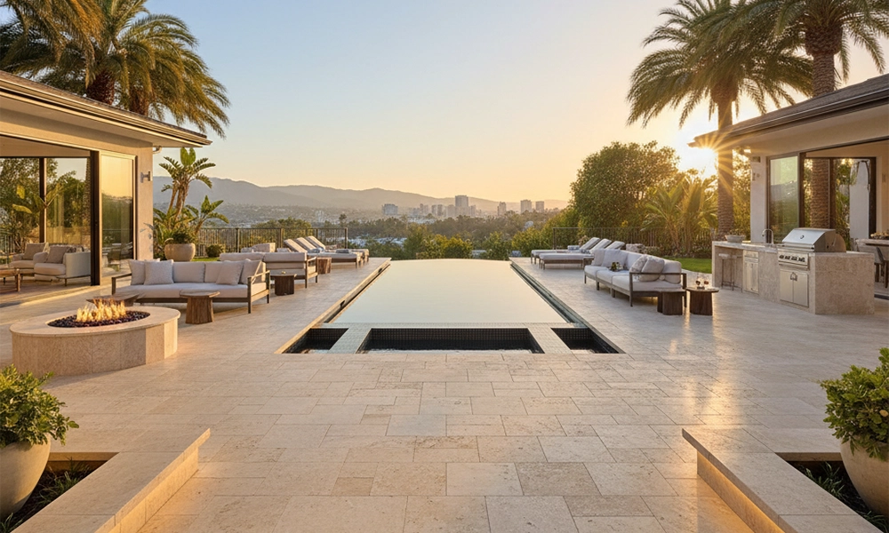 Luxury backyard patio featuring expansive, light-colored limestone pavers, a central fire pit, and large glass walls of a modern home.