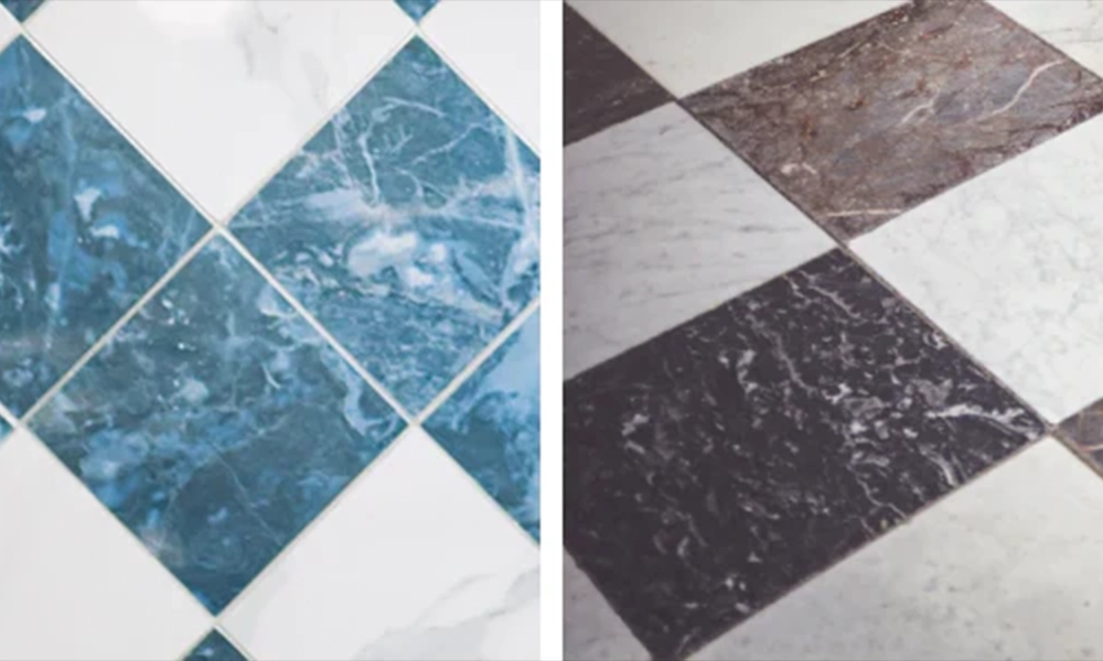 Blue and white marble tiles arranged in a diamond shape on the left side, with dark and white marble tiles in a similar pattern on the right.