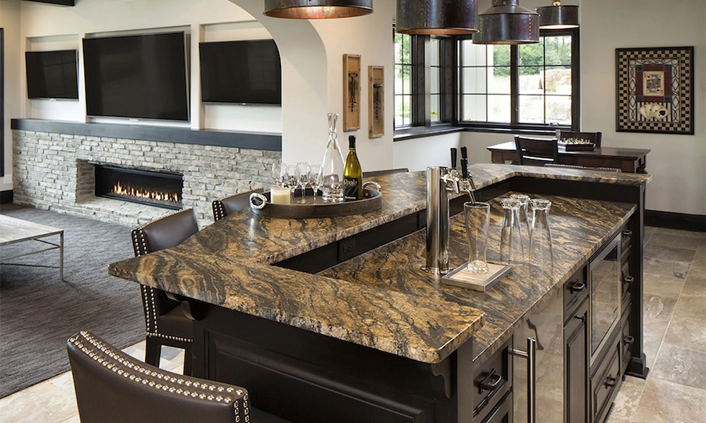“Luxury kitchen with dark granite countertop, stylish bar area, and contemporary interior design.”