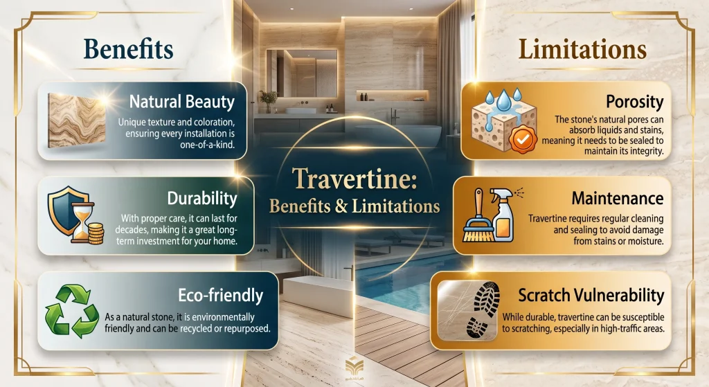 An educational infographic comparing the benefits (Natural Beauty, Durability, Eco-friendly) and limitations (Porosity, Maintenance, Scratch Vulnerability) of using Travertine stone, set in a luxurious design with central bathroom and pool images.