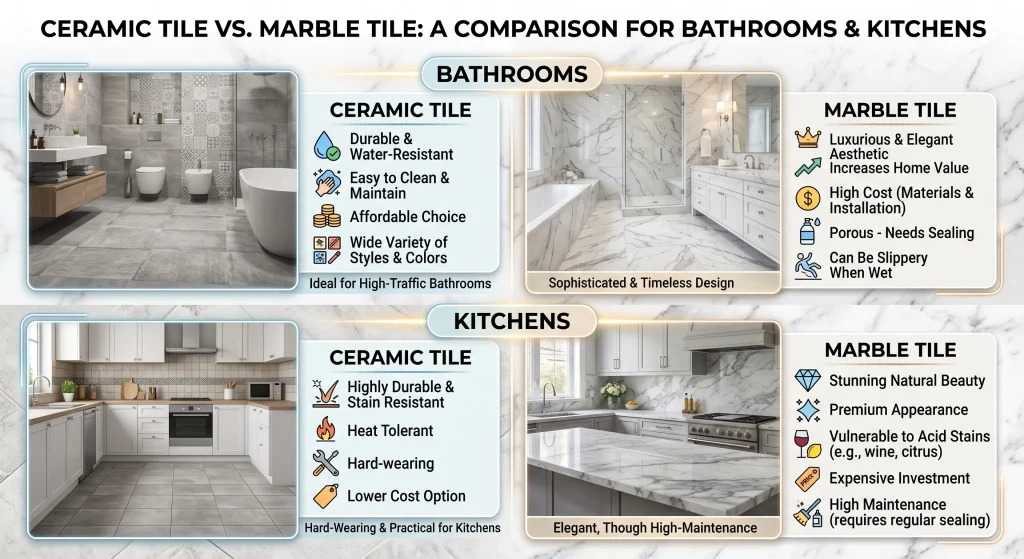Infographic comparing ceramic and marble tiles for bathrooms and kitchens, listing pros and cons.