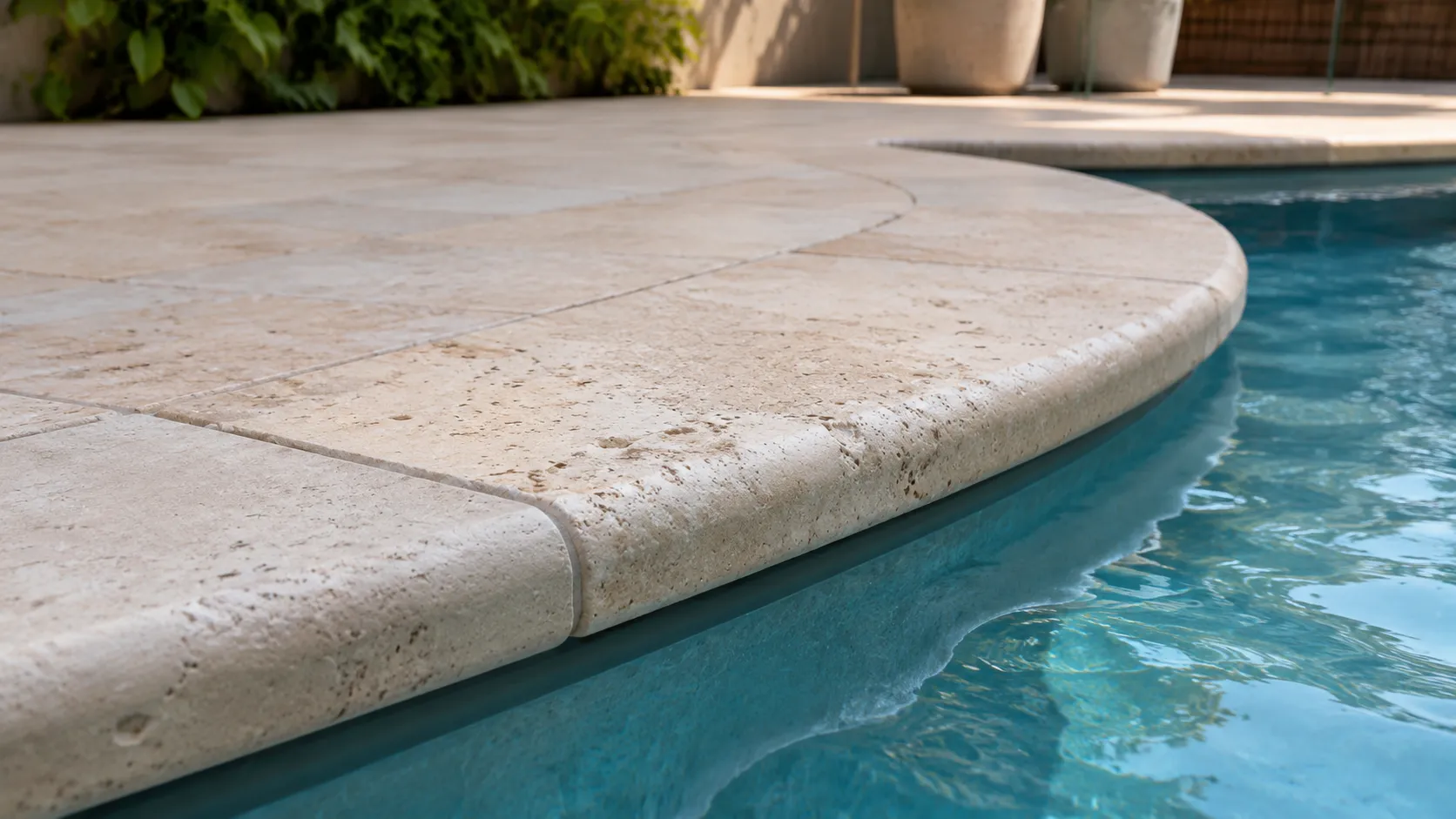 Close-up of rounded bullnose natural stone pool coping