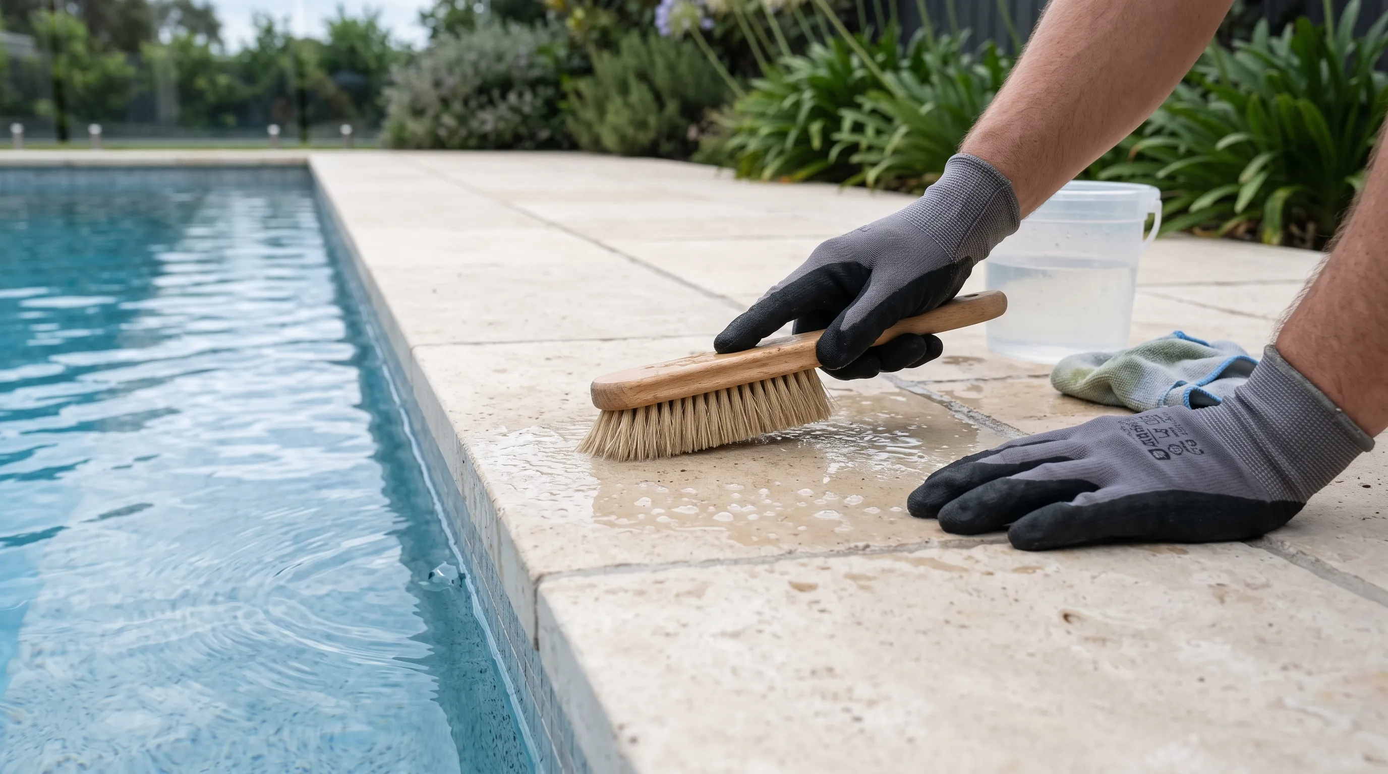 Gentle cleaning of limestone pool coping with a soft brush