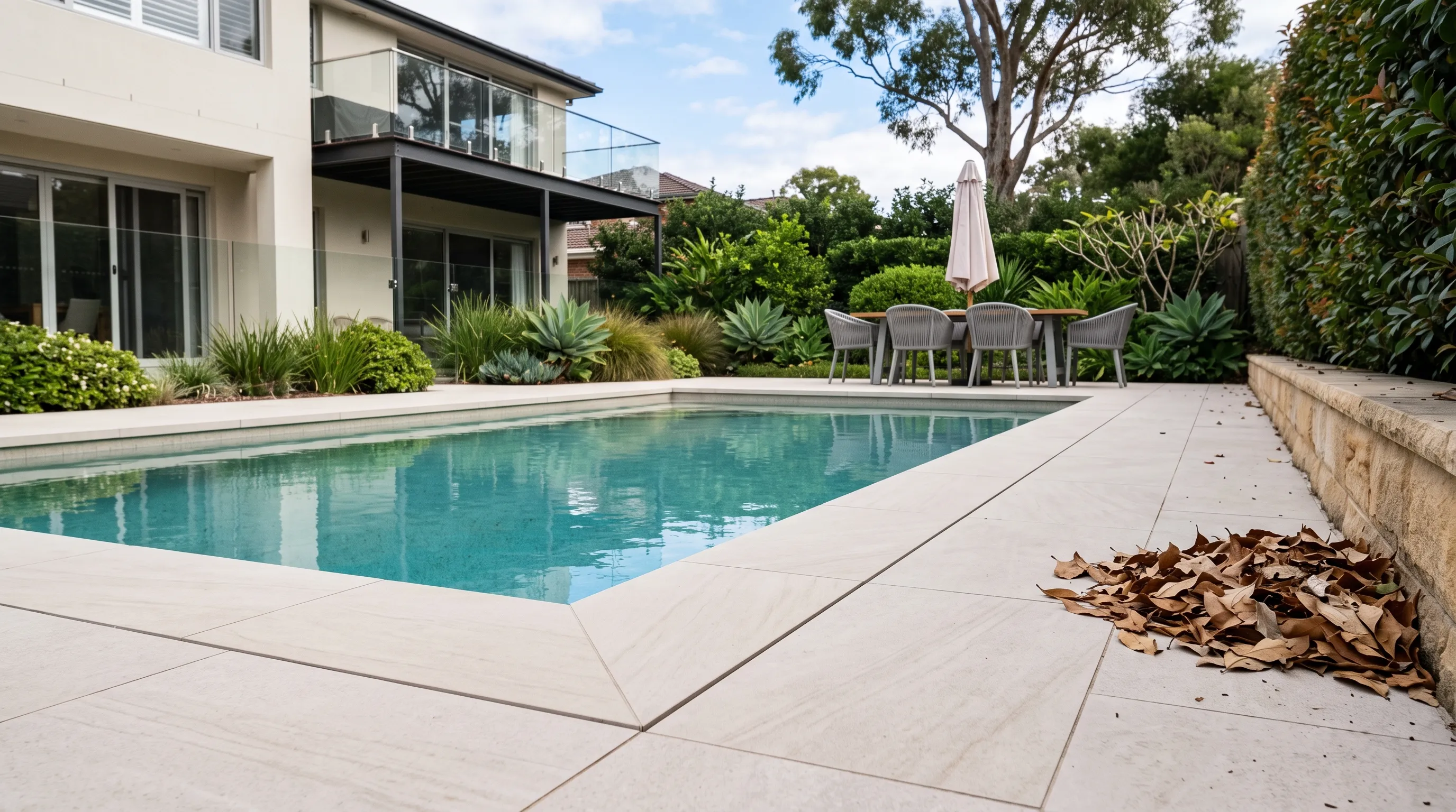 Cleaning light porcelain pool coping with water and a soft brush