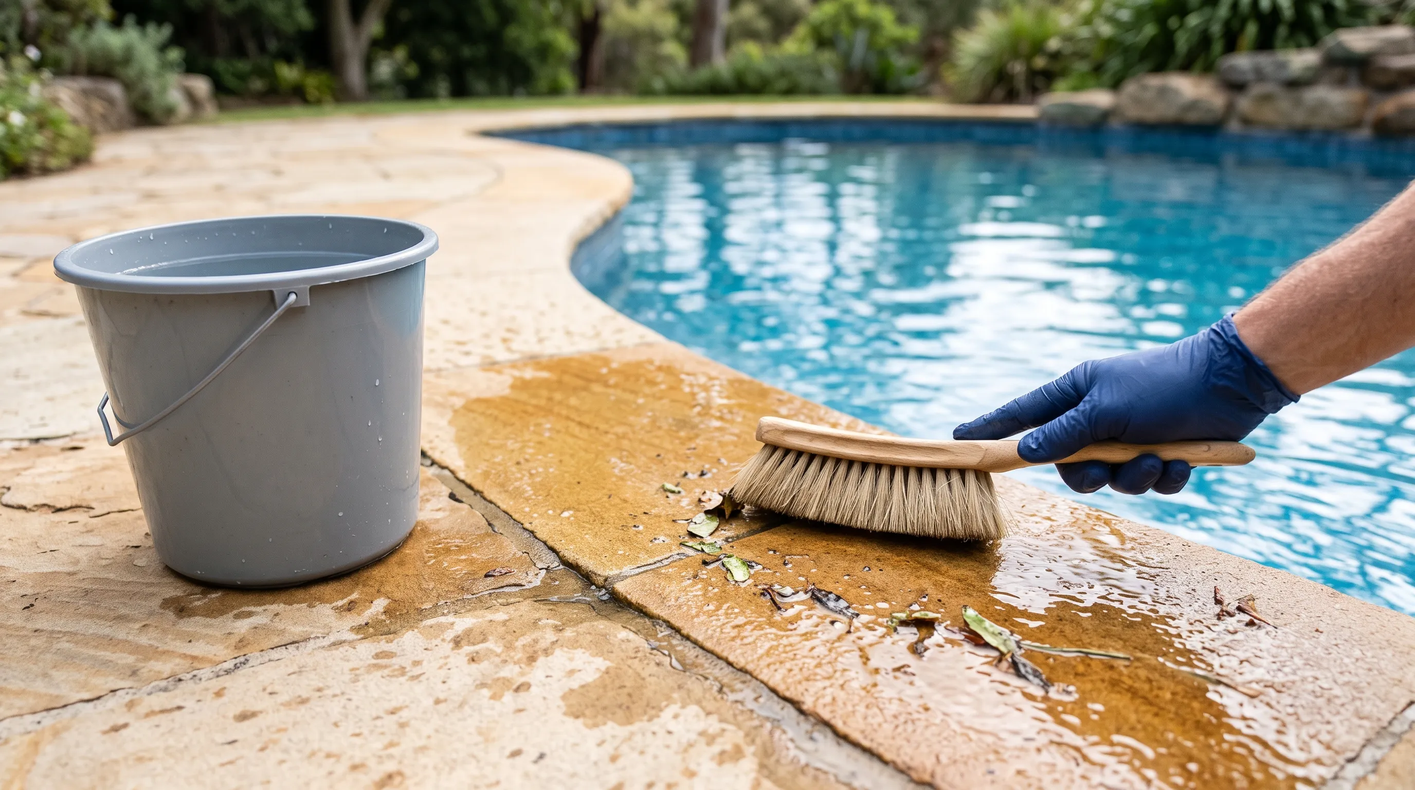 Gentle cleaning of sandstone coping using a soft brush and natural-stone cleaner