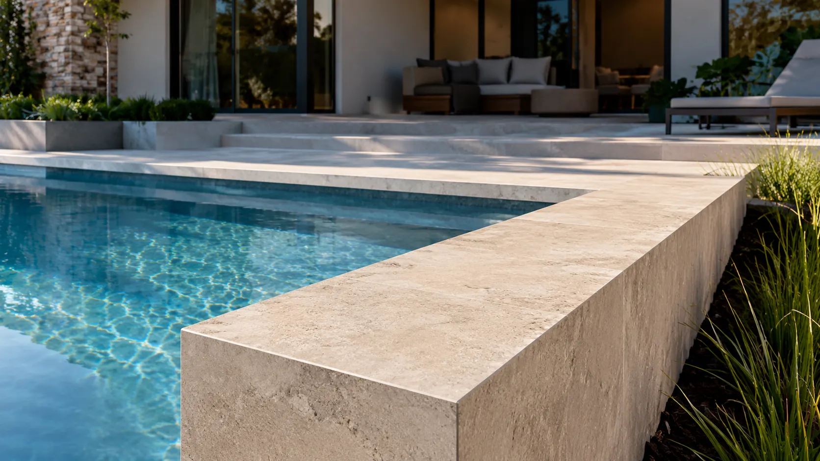 Modern swimming pool finished with natural stone drop edge coping