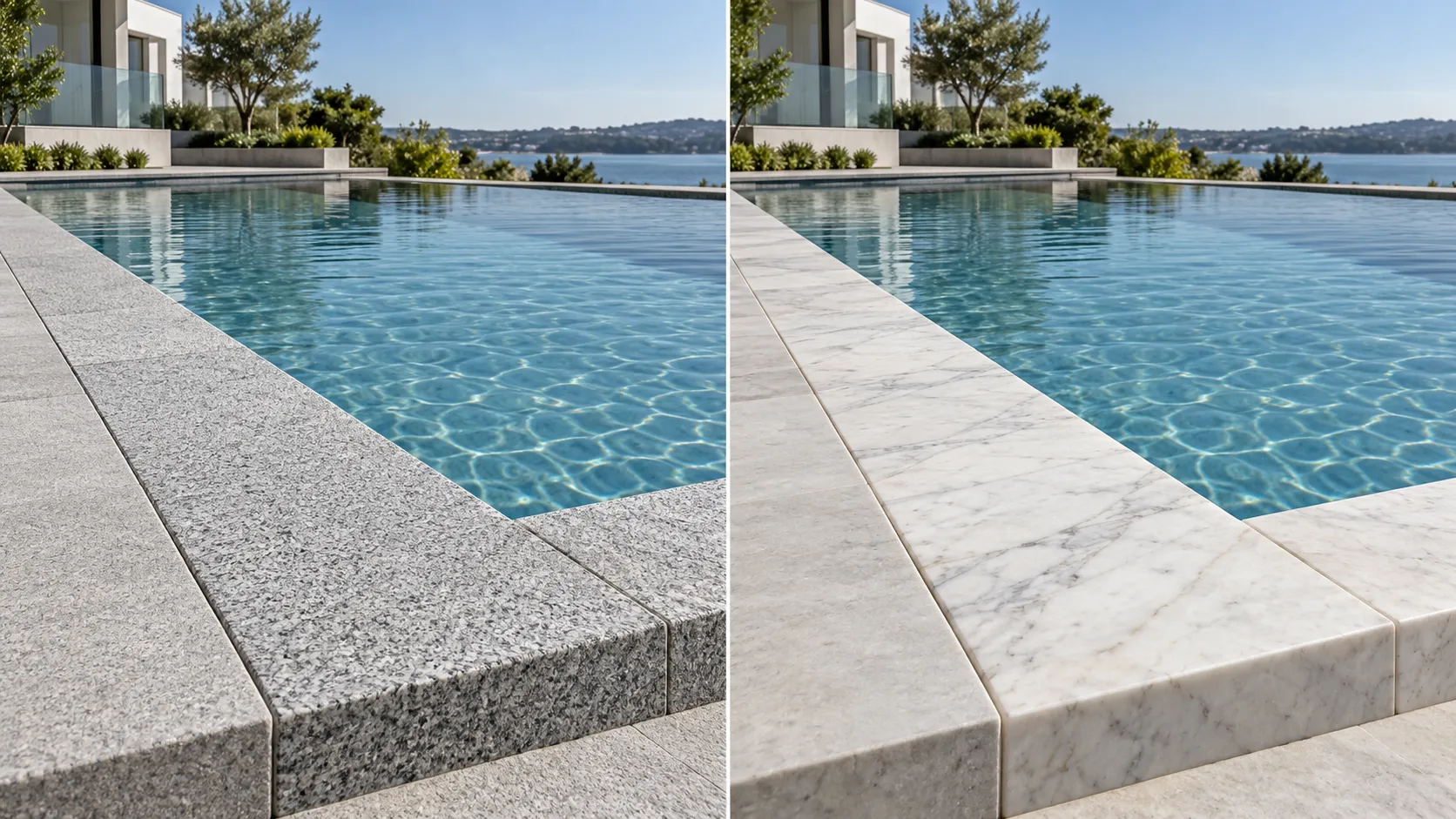 Granite and marble pool coping compared in modern pool designs