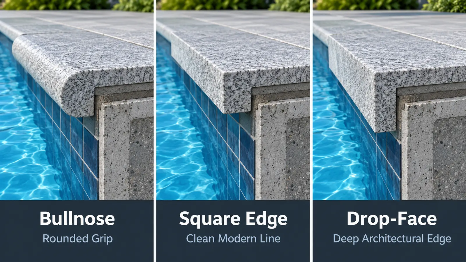 Bullnose square-edge and drop-face granite pool coping profiles