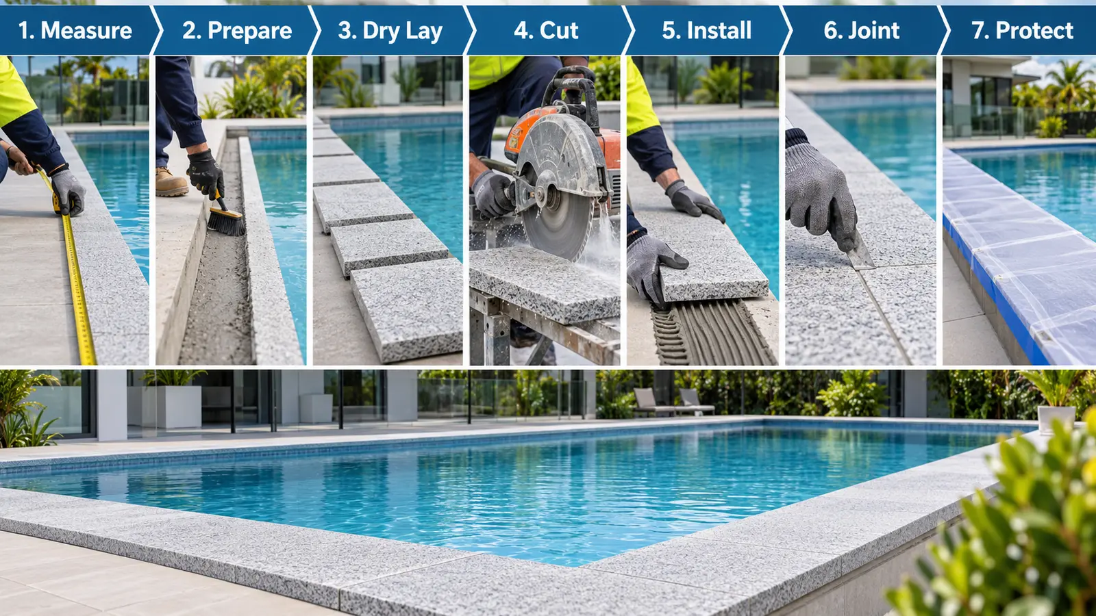 Professional granite pool coping installation process