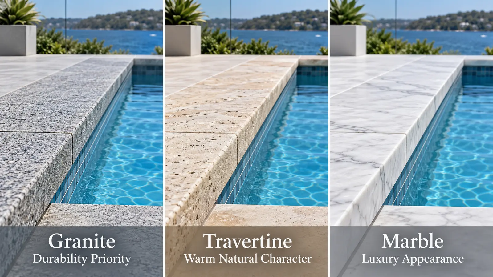 Granite travertine and marble pool coping compared side by side