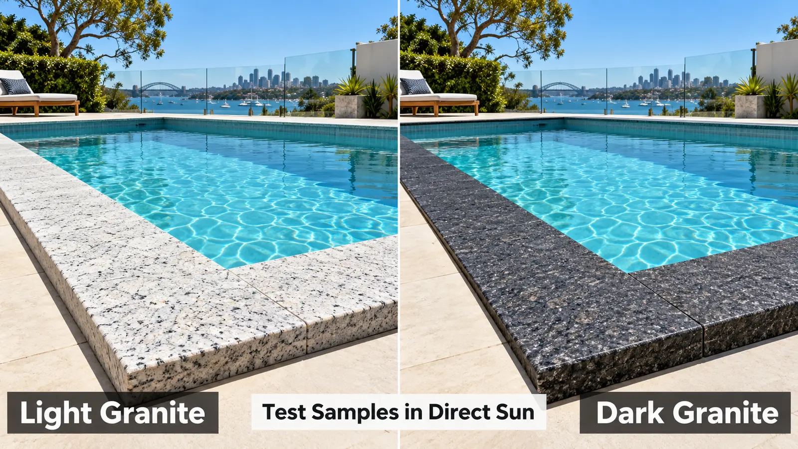 Light grey and dark granite pool coping in direct sunlight