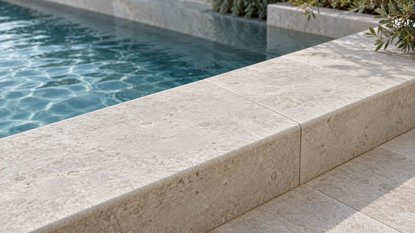 Close-up of an ivory limestone pool coping edge beside blue water