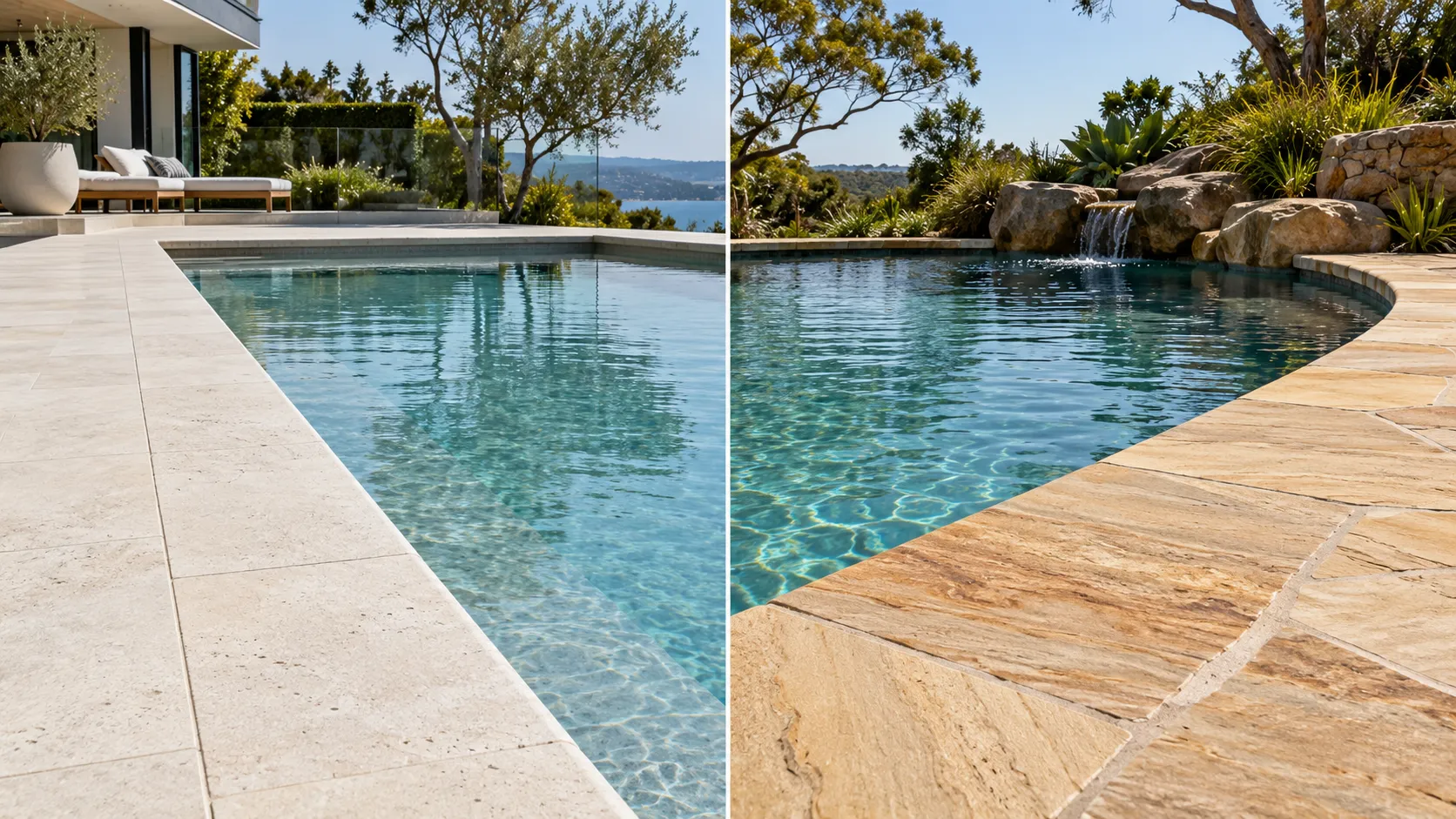 Limestone and sandstone pool coping in landscaped pool areas
