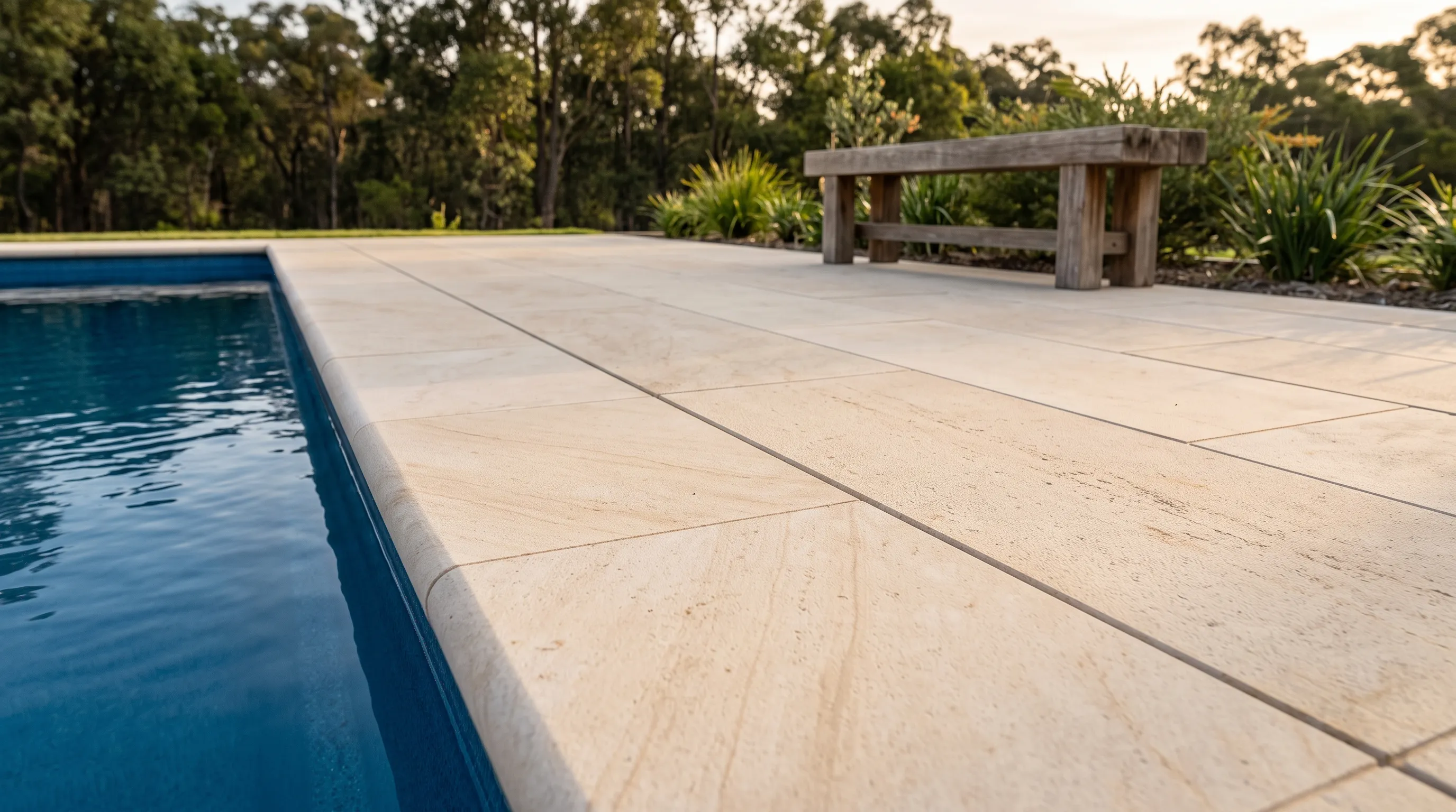 Matching limestone pool coping and surrounding limestone pavers