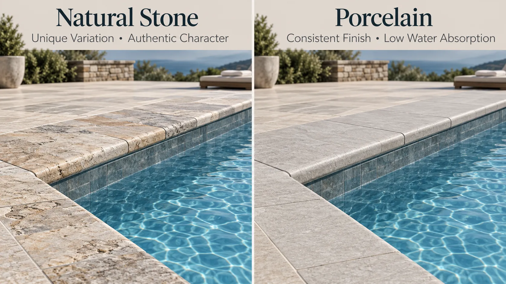 Natural stone and porcelain pool coping comparison