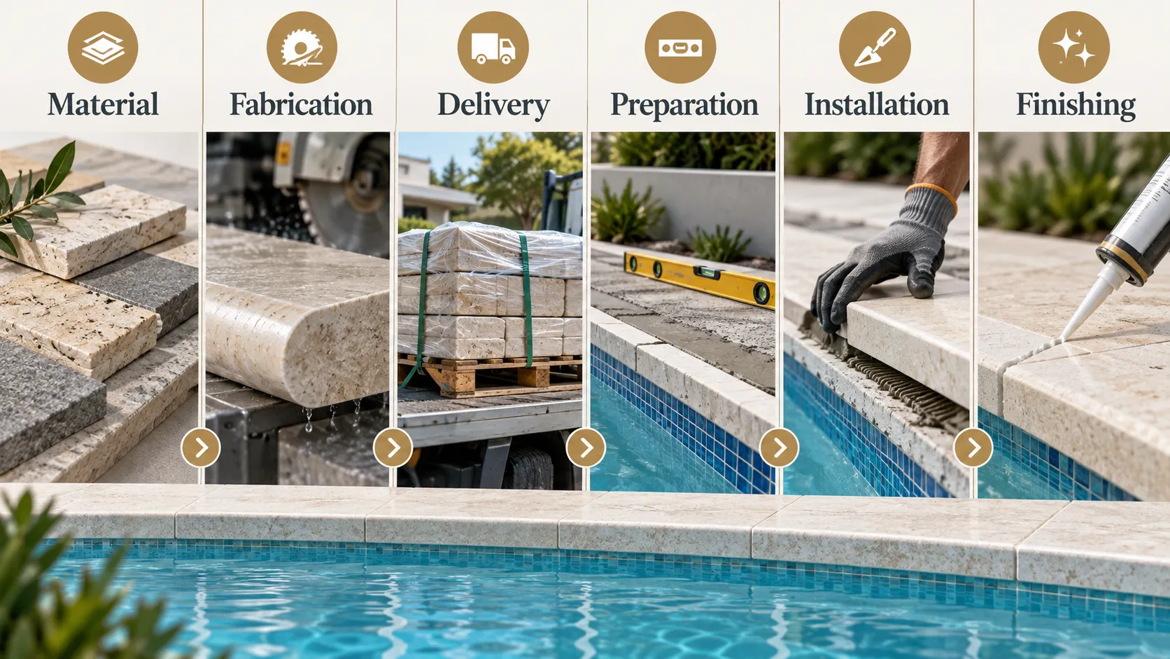 Pool coping cost breakdown by material, fabrication and installation