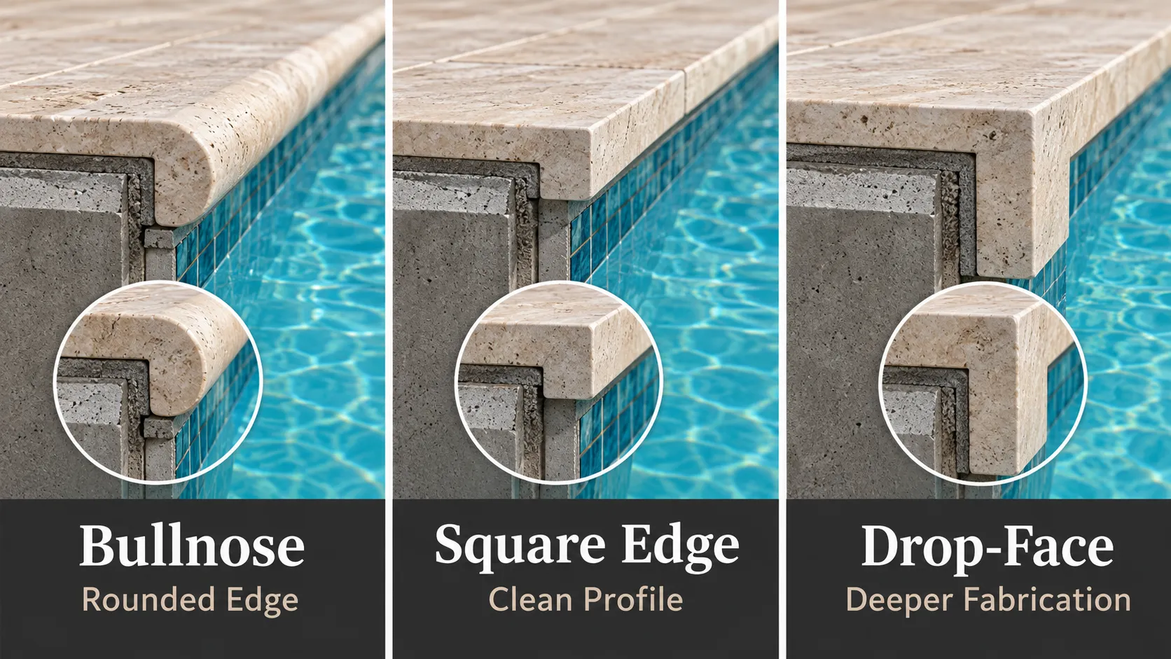 Bullnose square edge and drop-face pool coping profiles