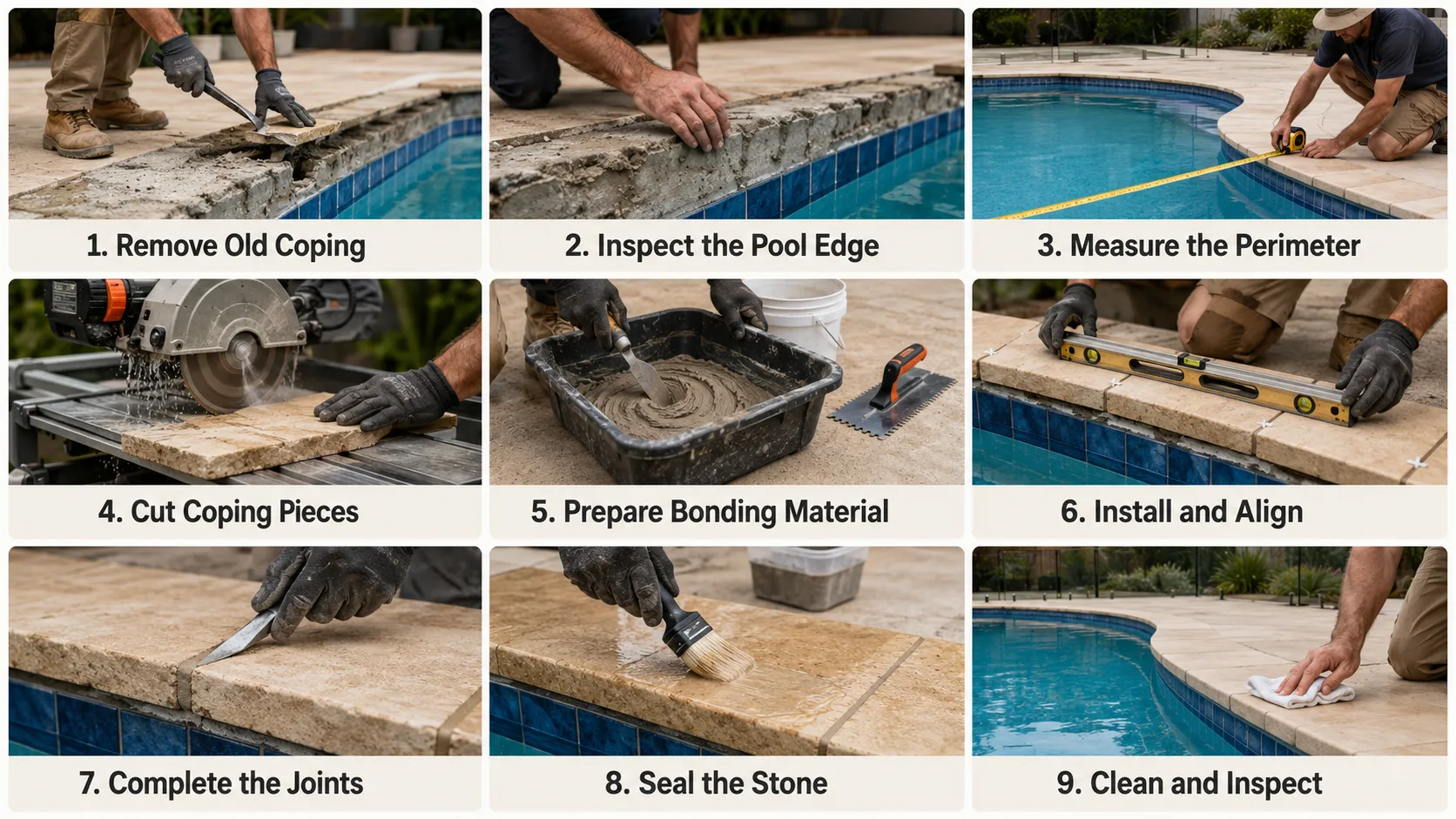 Nine-step pool coping installation process from preparation to final inspection