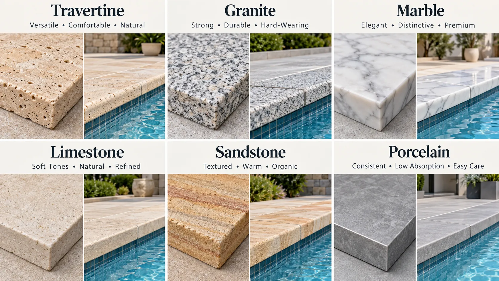 Comparison chart of six popular pool coping materials