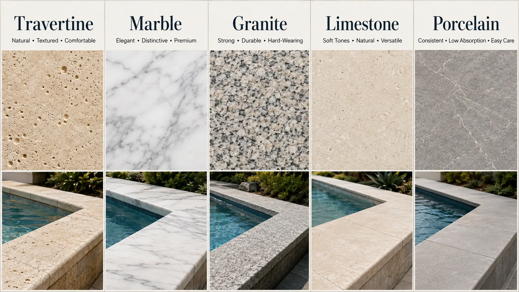 Comparison of travertine, marble, granite, limestone and porcelain pool coping