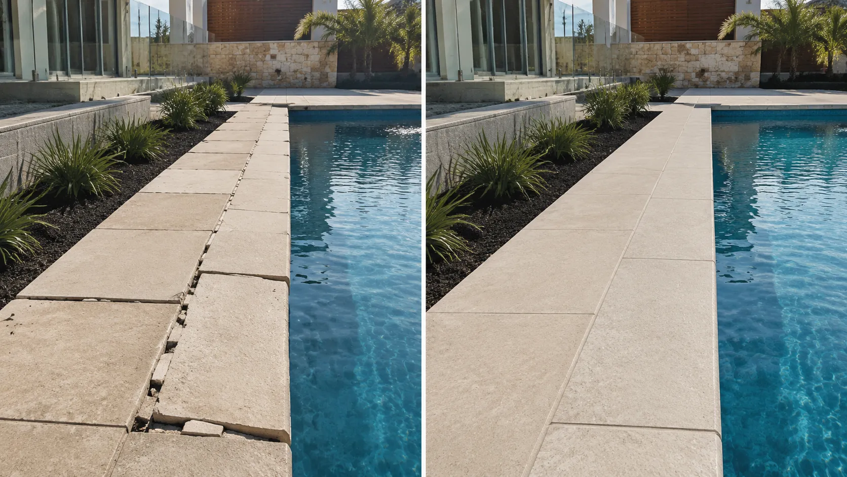 Before and after replacement of cracked and damaged pool coping