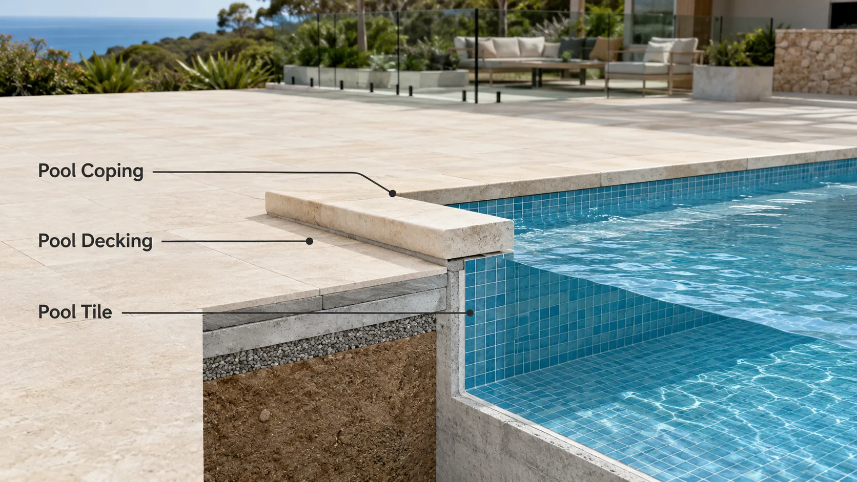 Diagram showing the difference between pool coping, pool decking and pool tile