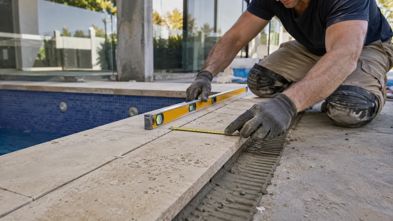 Professional installer measuring and aligning natural stone pool coping