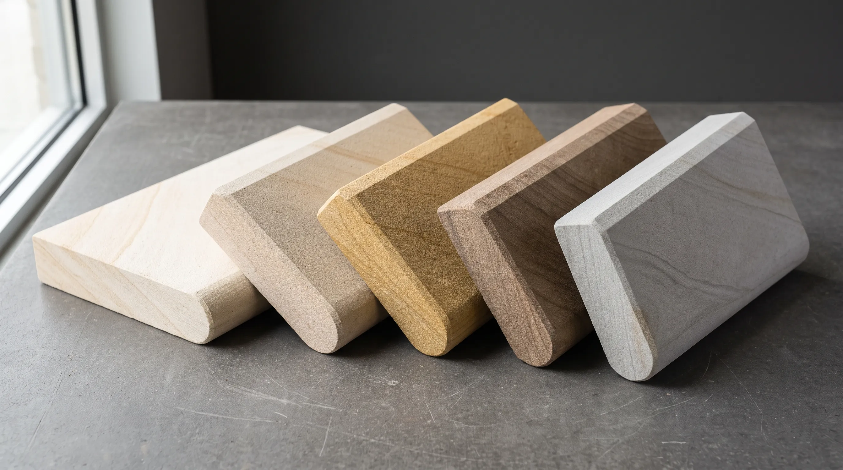 Beige, cream, honey, buff and soft grey sandstone coping colour samples