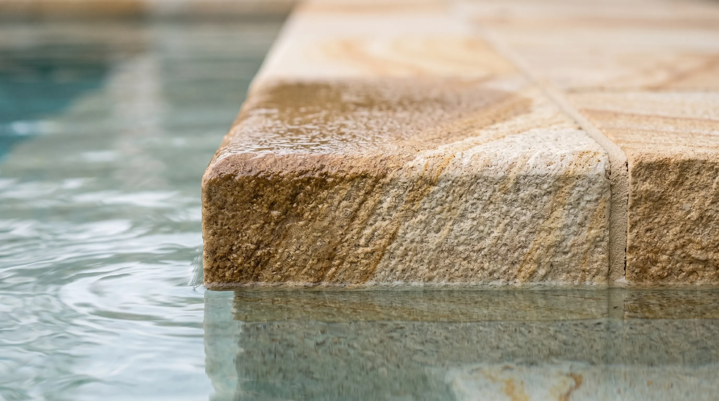 Close-up of a textured sandstone pool coping edge beside water