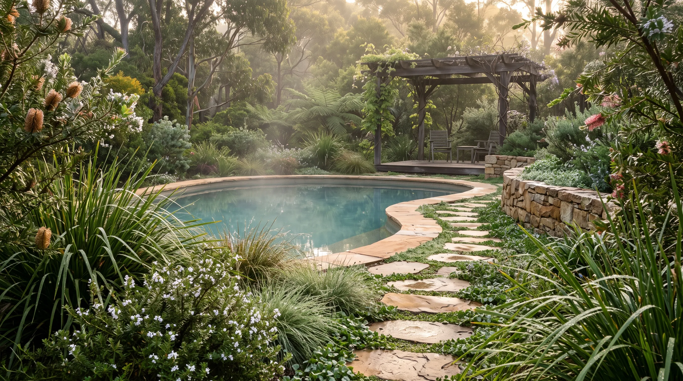 Sandstone pool coping integrated with native plants and garden landscaping