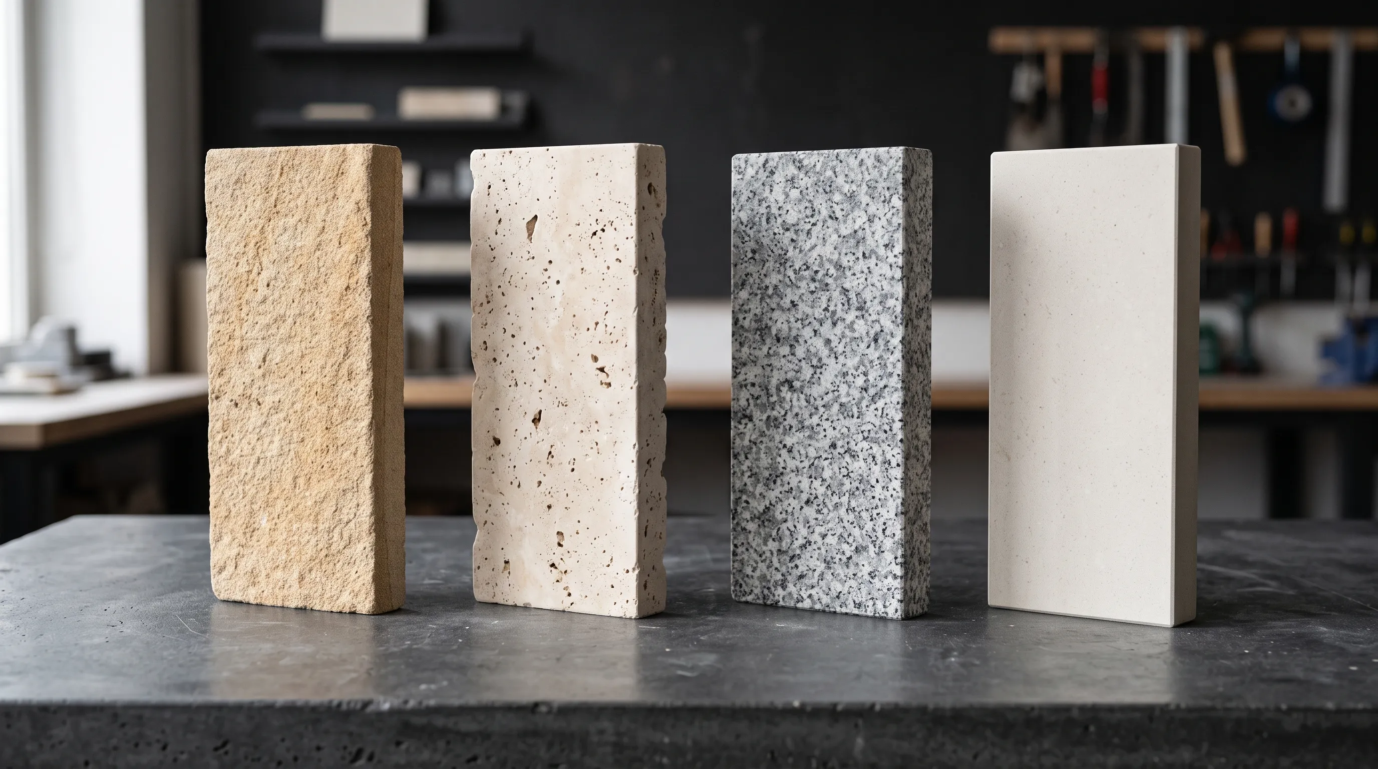 Sandstone, travertine, granite and limestone pool coping samples compared side by side