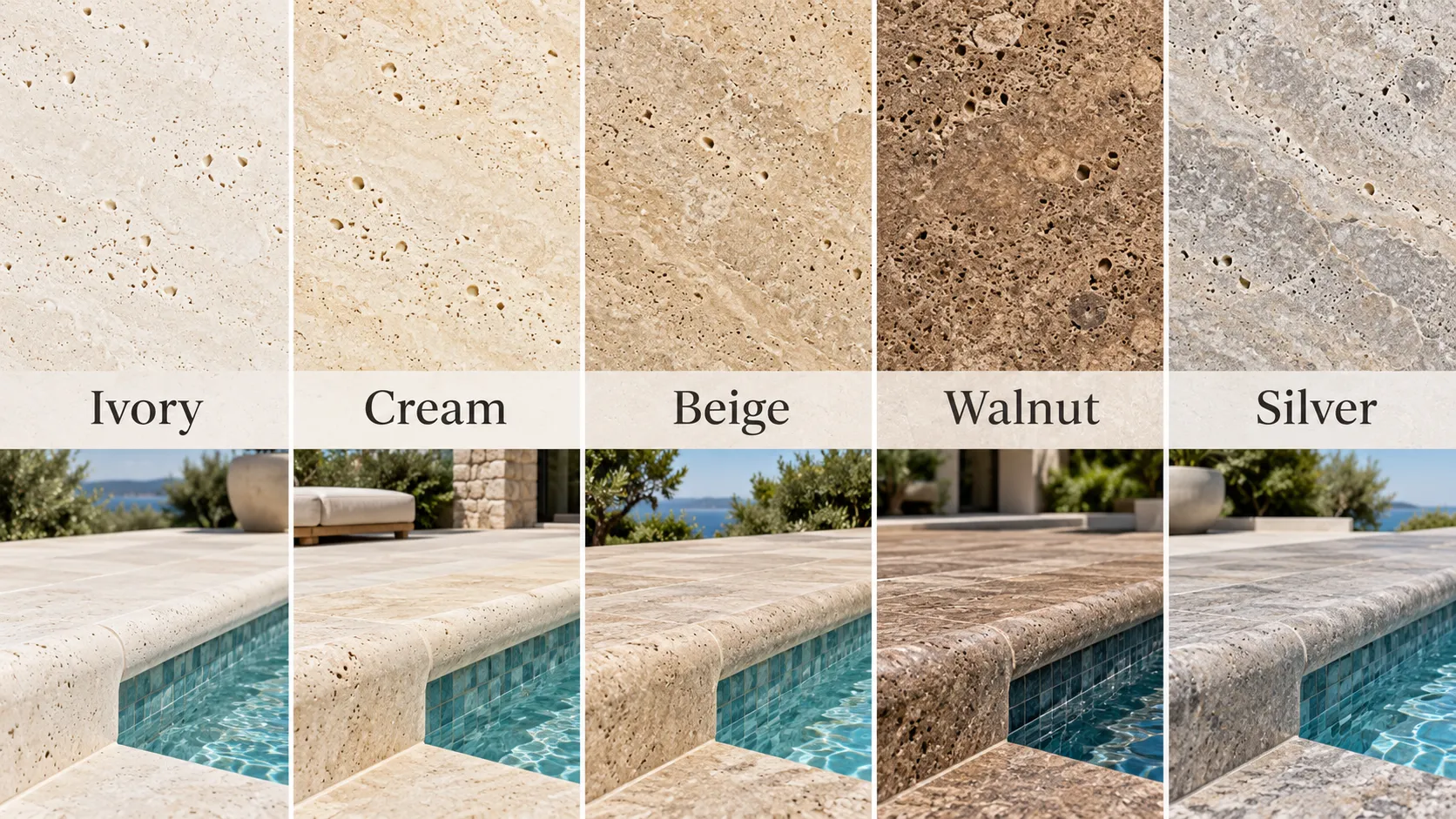 Ivory cream beige walnut and silver travertine pool coping colours
