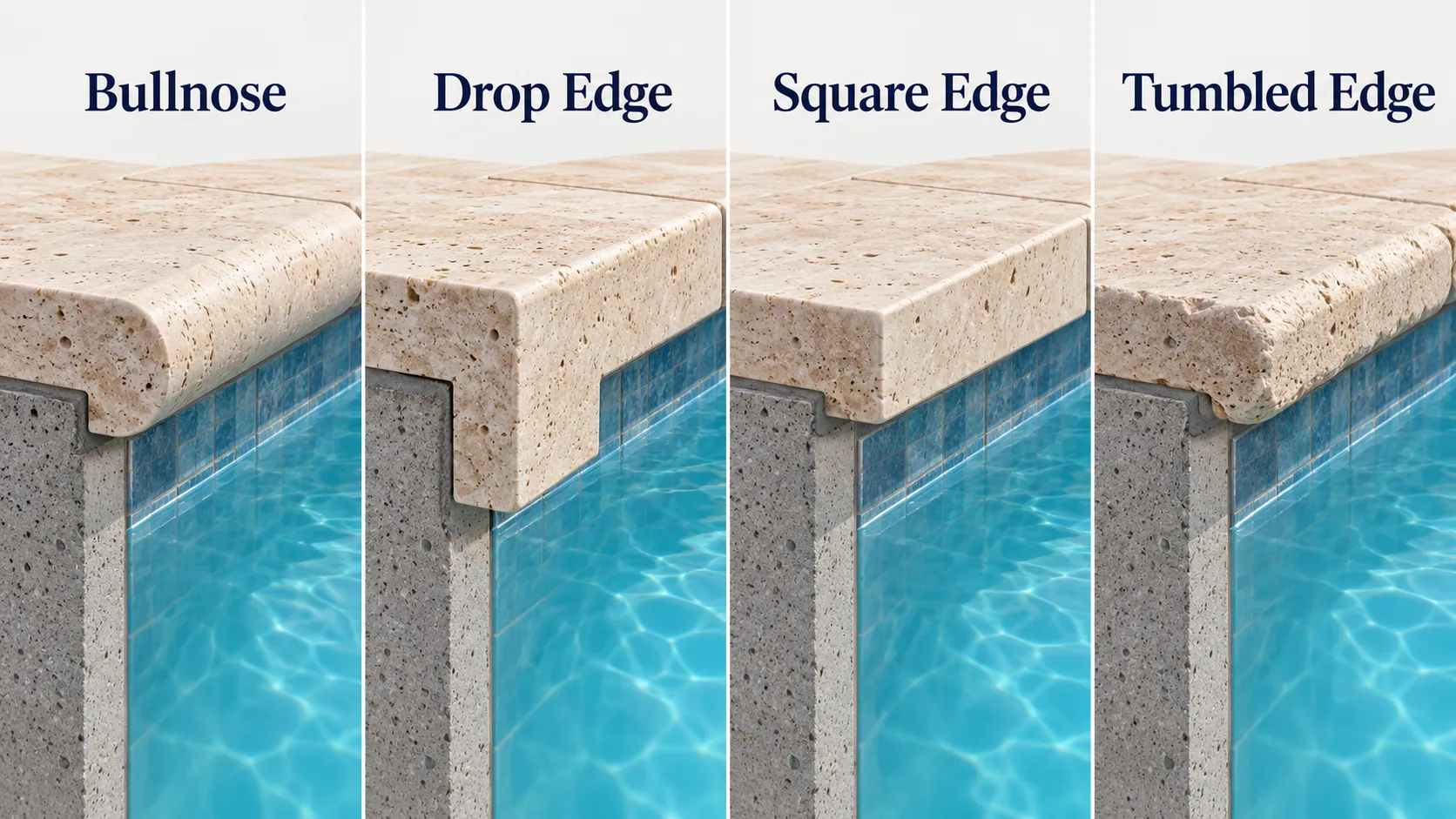 Bullnose drop edge square and tumbled travertine coping profiles