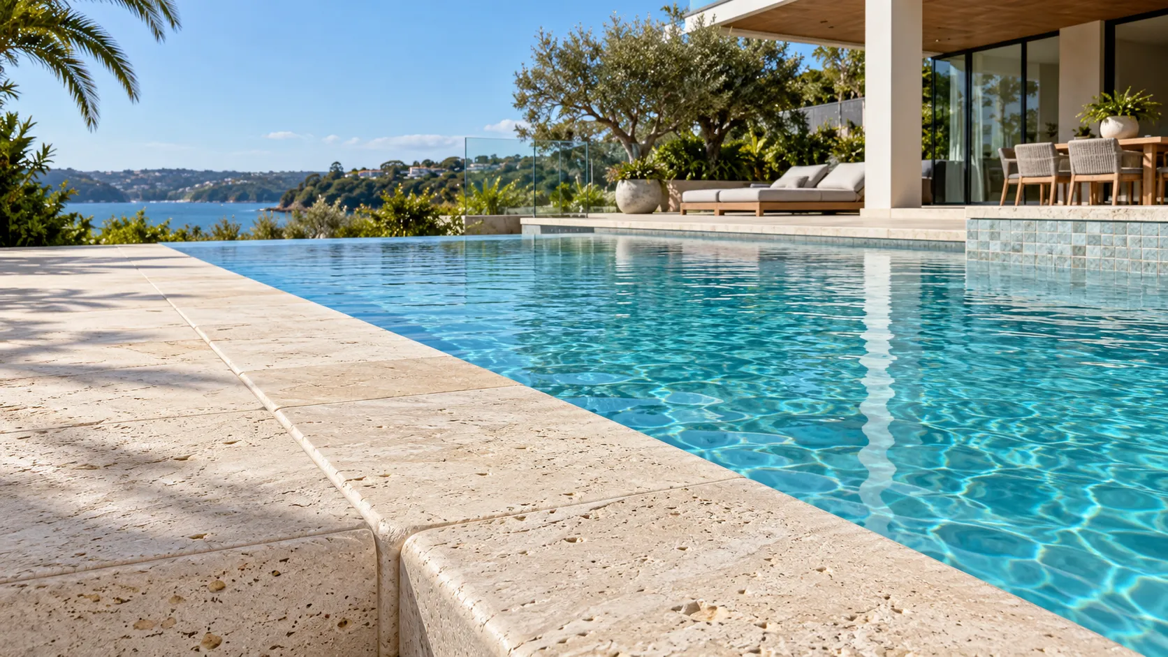 Light travertine pool coping around a residential swimming pool